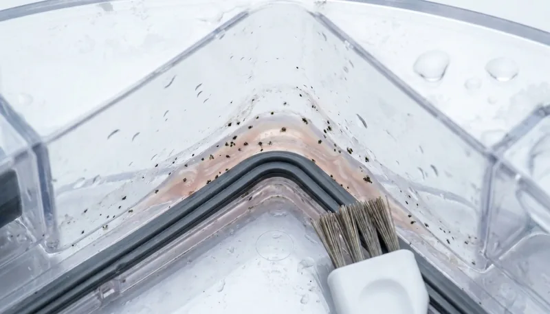 Dark residue collected in the corners of a robot vacuum dirty water tank